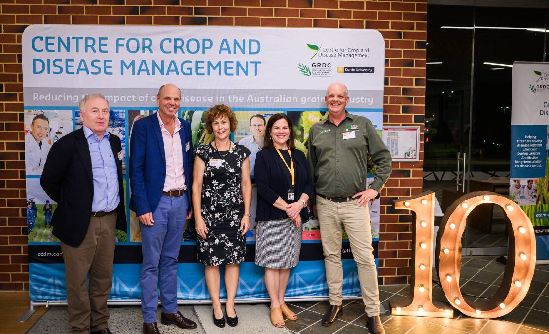 Nigel Hart, (left), Grains Research and Development Corporation (GRDC) managing director, John Woods, GRDC chairman, Curtin University deputy vice-chancellor, research professor Melinda Fitzgerald, Curtin University vice-chancellor Professor Harlene Hayne and professor Mark Gibberd, Centre for Crop and Disease Management director.