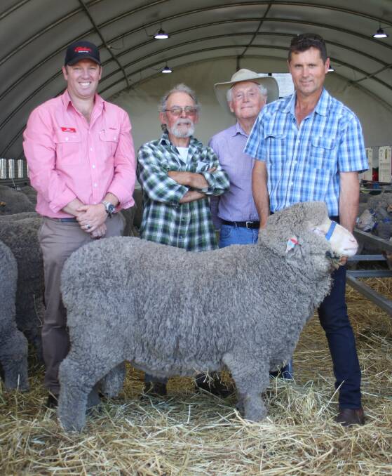 With the $6400 top-priced ram at last week's Hiview Poll Merino inaugural on-property ram sale were Elders Kojonup branch manager Cameron Grace (left), buyer Mal Gibbs, ME Gibbs & Co, Dinninup, Hiview's Arthur Corker and Hiview co-principal Perry Corker, Kulikup.