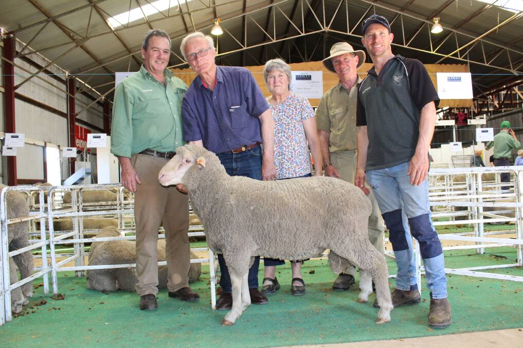 Landmark stud and commercial sheep manager Tom Bowen (left), Glenlea Dohne stud principals Alex and Lyn Leach, Katanning and buyers Danny and Simon Chitty, SM & NL Chitty, Goomalling, with one of the season's $4000 equal second top-priced Dohne rams sold at the Glenlea Dohne stud ram sale in Katanning.