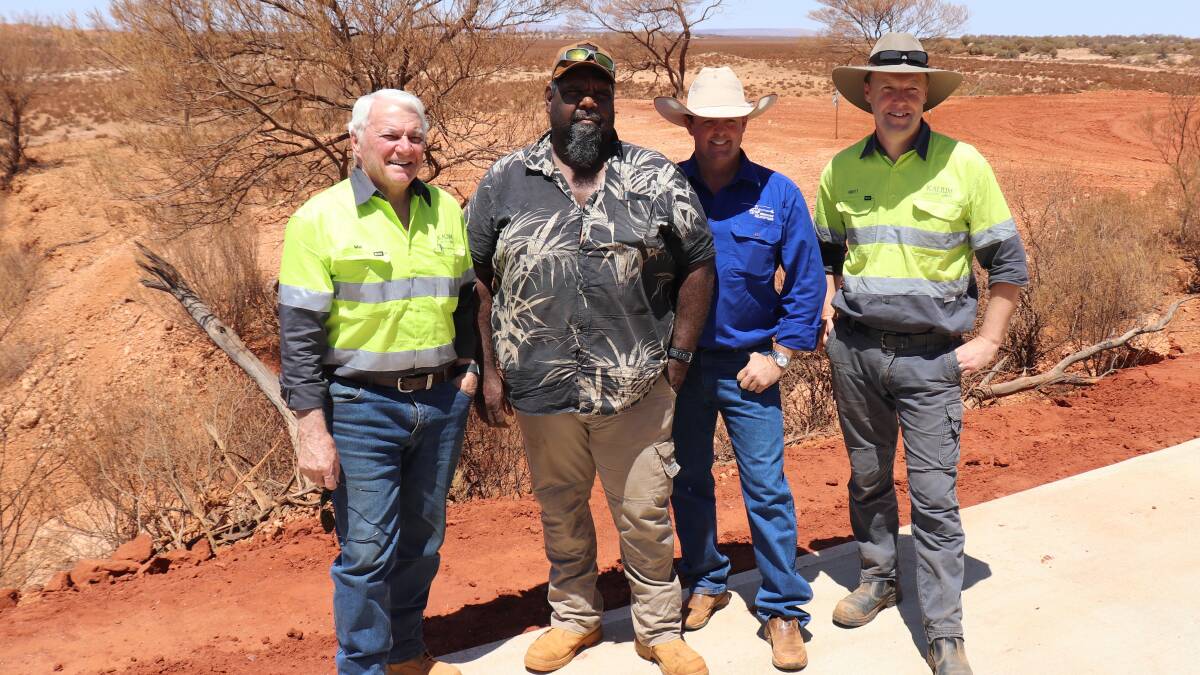 Kalium Lakes Ltd (KLL) chairman Mal Randall (left), Gingirana traditional owner Slim Williams, Beyondie Sulphate of Potash fertiliser project founder Brent Smoothy and KLL managing director Brett Hazelden following the opening of the project's a fly-in, drive-in accommodation village.