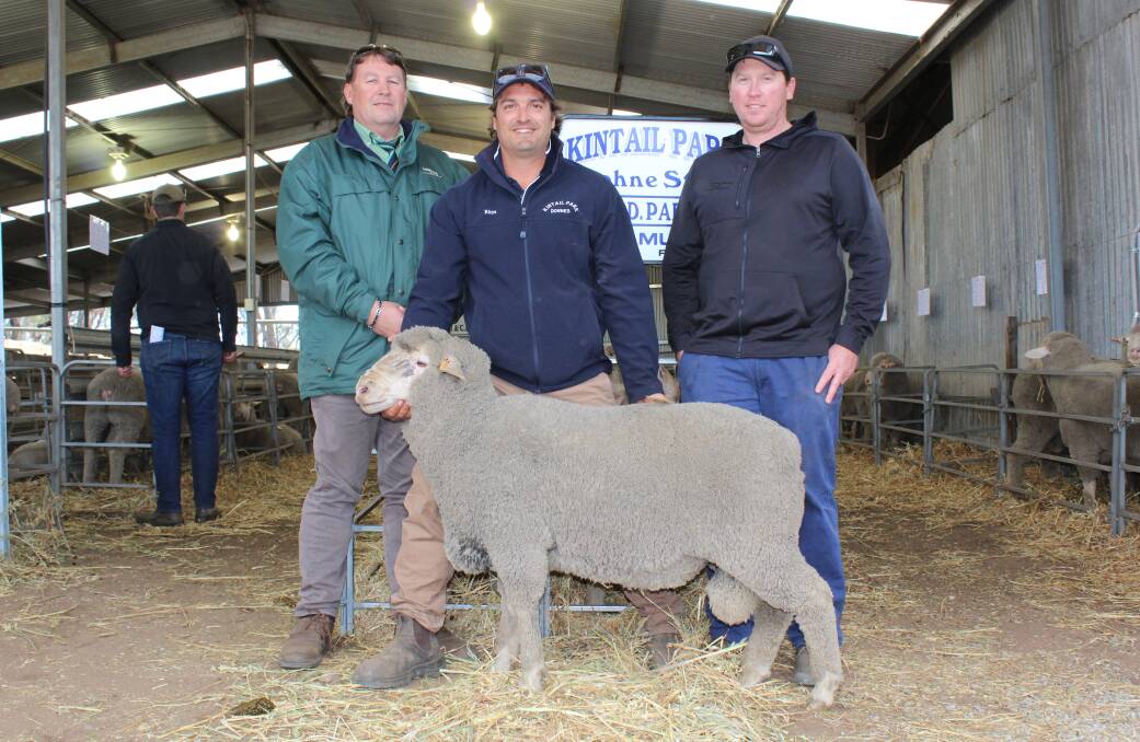 With one of the $4000 equal second top-priced Dohne rams for the 2019 selling season at the Kintail Park Dohne on-property ram sale at Jerramungup purchased by RM & TF Edwards, Ravensthorpe, were Landmark stud stock representative Roy Addis (left), Kintail Park stud co-principal Rhys Parsons and buyer Justin Edwards.
