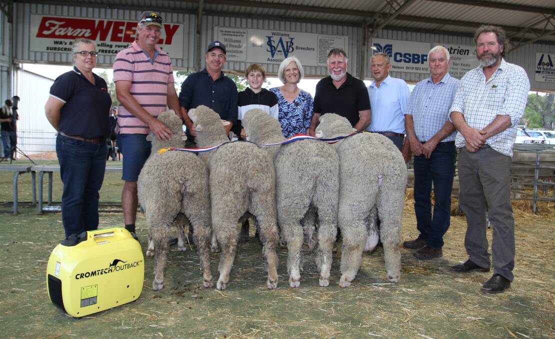 The Mullan familys Eastville Park stud, Wickepin, won this years Farm Weekly sponsored Merino breeders group at the Act Belong Commit Williams Gateway Expo. With the winning group of two rams and two ewes were Farm Weekly livestock manager Jodie Rintoul (left), John Eckersley, Narrogin, Grantly, Hugh, Lee-Ann and Rob Mullan, Eastville Park stud and judges Rod Norrish, Angenup stud, Kojonup, Ray Edmonds, Calingiri and Iain Nicholson, Boorabbin and Colvin Park studs, New Norcia.