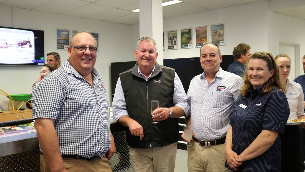Enjoying festivities at AFGRI Equipment's new premises grand opening were Clive French (left), Kuhn Farm Machinery, Bunbury, Bourgault territory manager Kim Russell and operations manager Ben Bulley, both Kelmscott and AFGRI HR/payroll officer Roslyn Brown.