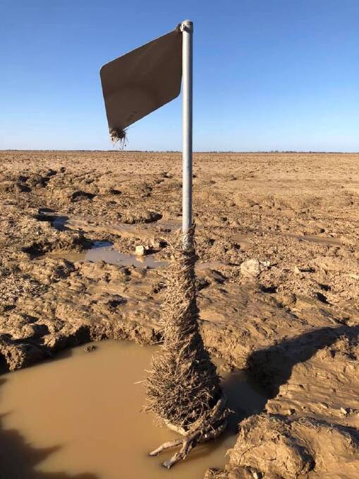 A road sign swamped with debris beside a flood-gouged paddock in the north west. Photo - Kylie Cook.