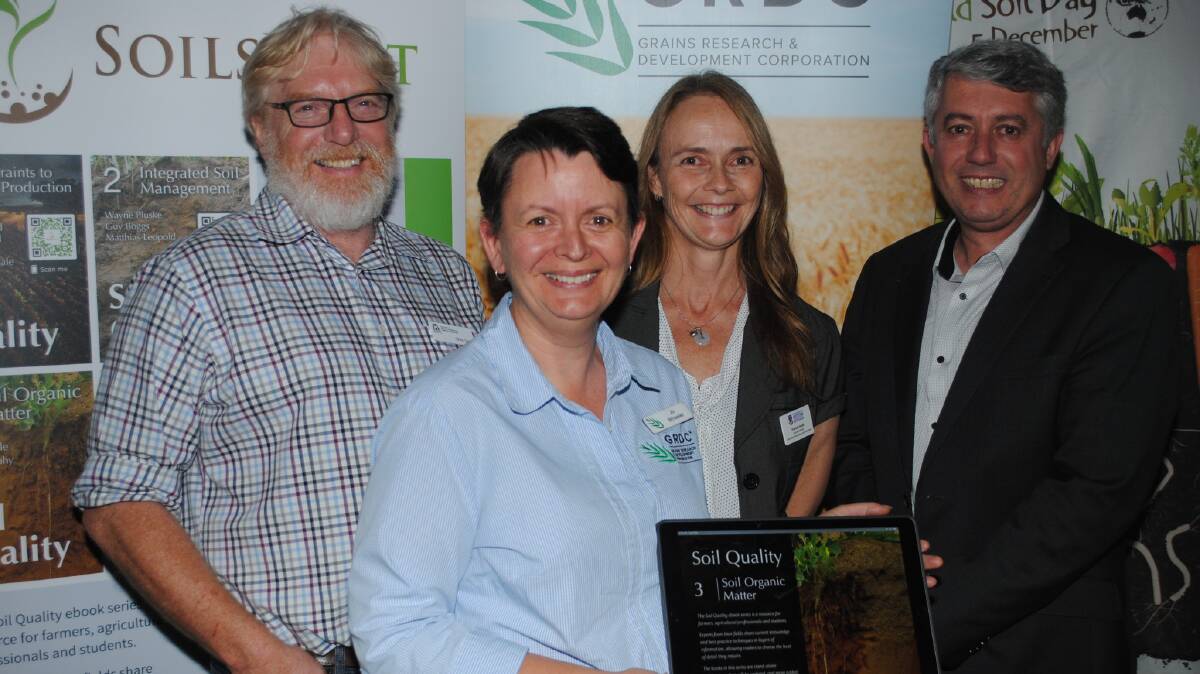 and nutrition portfolio manager Chris Gazey (left), GRDC grower relations manager - west Jo Wheeler, SoilsWest director and UWA Associate Professor Frances Hoyle and Professor Dan Murphy, head of UWA's School of Agriculture and Environment. Photo by GRDC.