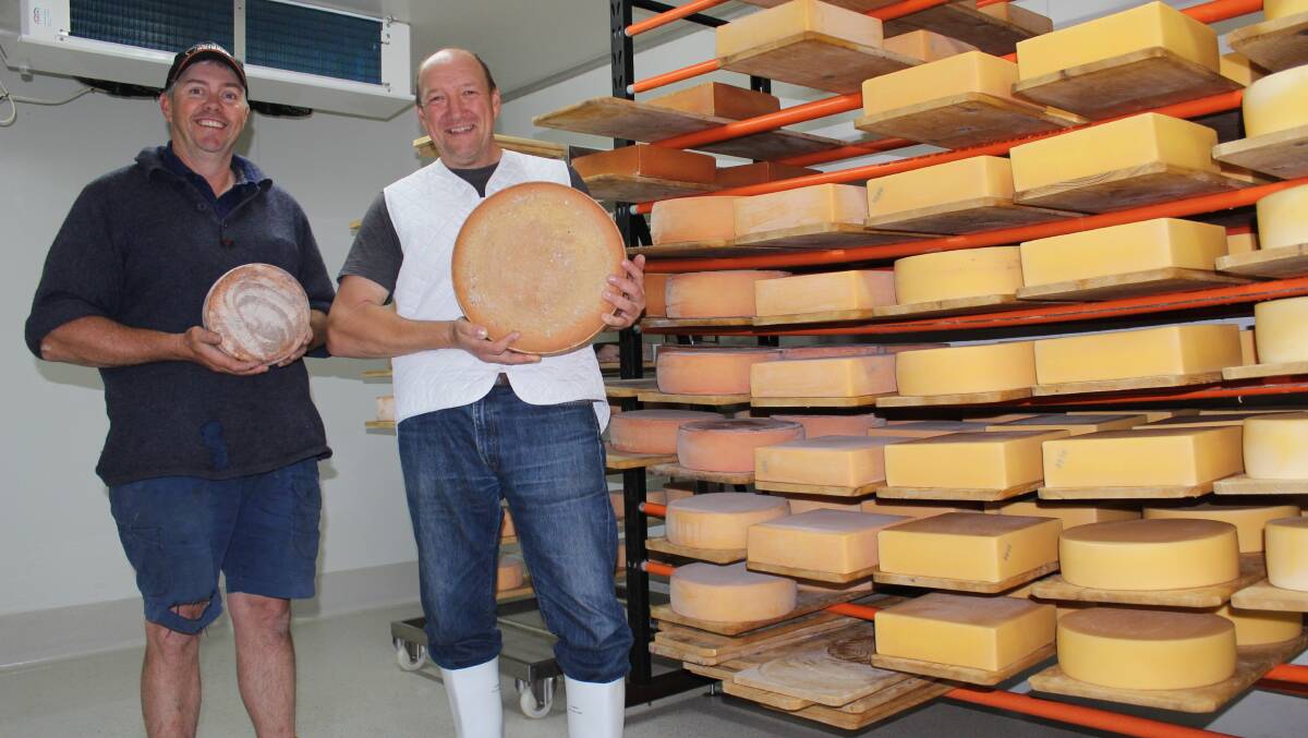 Denmark dairy farmer Malcolm Hick (left), with cheesemaker and near neighbour Chris Vogel whose Dellendale Creamery Peaceful Bay Gruyere won Grand Champion Dairy Product and Champion Cheese at the 2018 Dairy Industry Association of Australia WA awards in March.