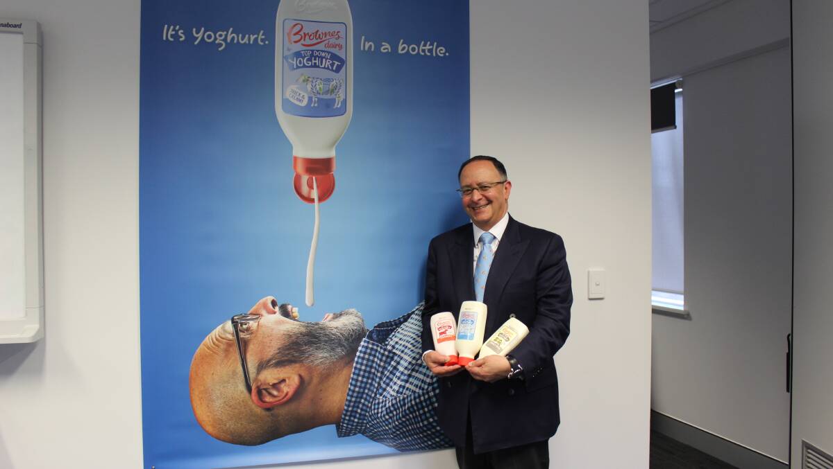 Brownes managing director Tony Girgis with an innovative yoghurt squeeze pack which will lead the company's push into Eastern States markets.