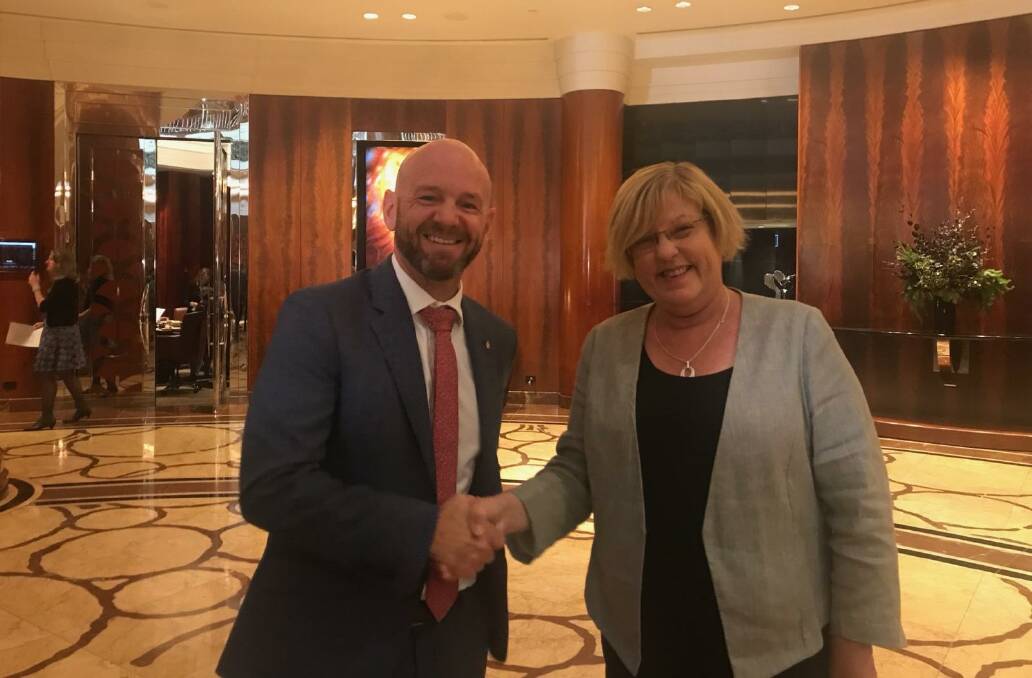 NSW Water Minister Niall Blair with Victorian Water Minister Lisa Neville at the Ministerial Council in Melbourne today.