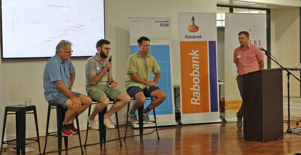  Stuart McAlpine (left), Buntine, Casey Shaw, Perenjori and Dylan Hirsch, Latham, discussing weather insurance at the Liebe Group Trials Review Day, facilitated by Tristan Clarke, Elders Dalwallinu.
