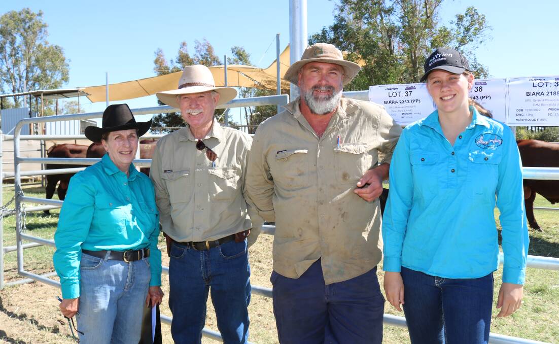 Top price buyers Anne and Len Forbes, with their son Jeremy and his step-daughter Taylee Metcalf, Narra Tarra.
