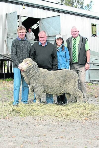 With the $5400 top-priced ram at last week's Westerdale on-property ram sale were Westerdale principal Peter Jackson (left), buyers Danny Hansberry and Chanyanit Pairin, Eriswell Park, Orchid Valley and Landmark stud stock representative Deane Allen.