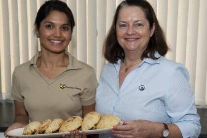 Dr Shyamala Vishnumohan, of Coorow Seeds, shows Carolyn Hine, Department of Agriculture and Food, Arabic roti-style flat bread made with lupin ingredients, which will be exhibited at Gulfood 2012 in Dubai.