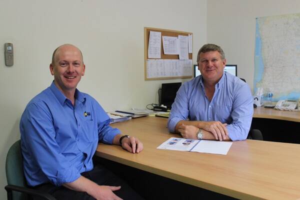 New Primaries general manager Andrew Lindsay (left), with former Primaries managing director and now Ruralco southern regional manager for WA, South Australia and Victoria, Matt Pedersen, at Primaries head office last week.