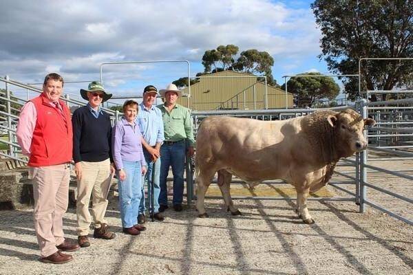 With the $6500 top-priced Murray Grey bull at the fifth annual Monterey Winter Bull Sale at Brunswick were Landmark Capel agent Chris Waddingham (left) who represented the buyers, Monterey stud principal Gary Buller, Karridale, buyers Dianne and Peter Michael, Jemocon Nominees, Harvey and Elders stud and commercial livestock manager Tim Spicer.