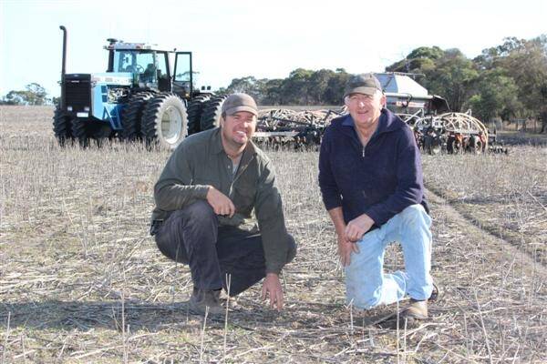 Broomehill grower Jerome Hardie (left) and farm employee Murray Hales were last week finishing off their last 100 hectare paddock of Mace wheat for the 2013/14 season. According to Mr Hardie, it's more profitable to grow Vlamingh barley than other Malt varieties, because increased yield makes up for the lower price.