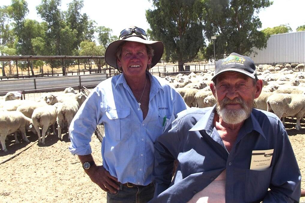 Checking the sheep before the start of the BH Burrow clearing sale were Barry Gangell (left), Westcoast Livestock, Kulin and Ron Hemery, Pumphreys Bridge.