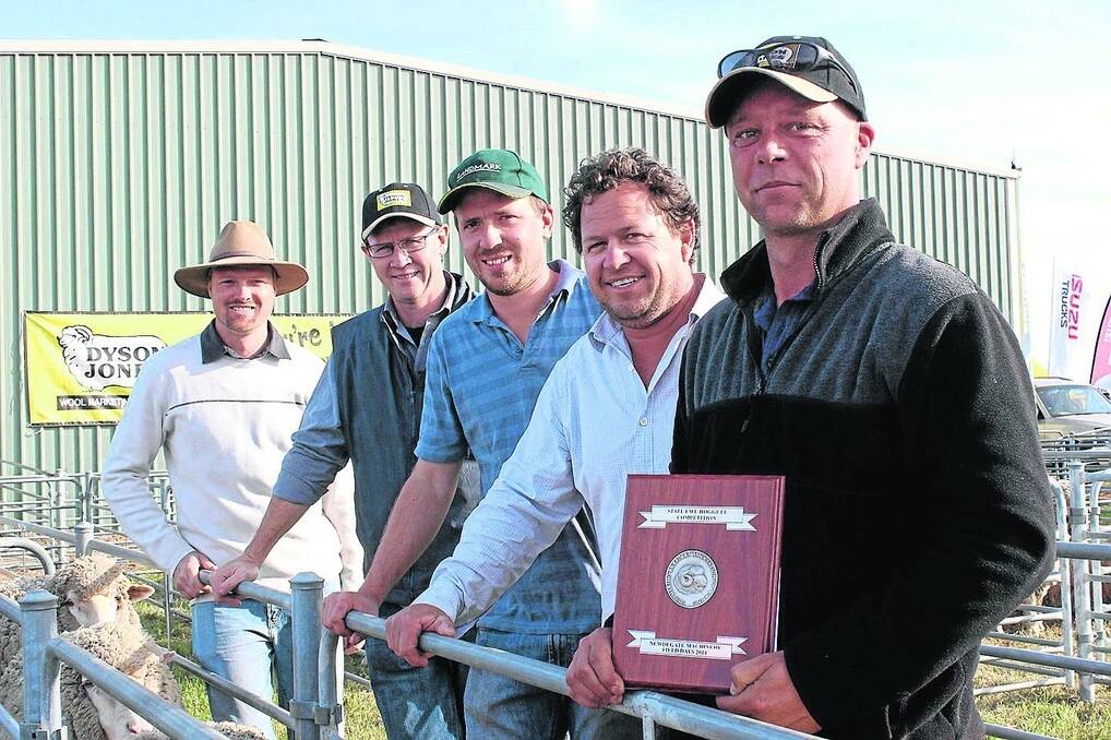 C & E Varone, Hyden,took out the Newdegate Machinery Field Days State Ewe Hogget Competition. With the line-up was competition organiser Stephen Chappell (left), first prize sponsor and Dyson Jones WA manager Peter Howie, judges Scott Button, Manunda stud, Tammin and Steven Bolt, Claypans Merino and Poll Merino stud, Corrigin, and farm worker representing the Varone family Jay Galbraith.