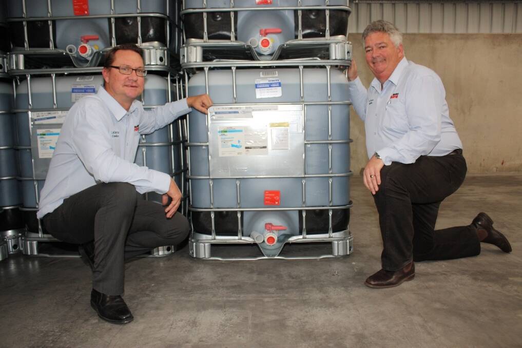 Louis Dreyfus crop protection marketing manager Mark Ladny (left) and regional sales manager Chris Puckridge with Australia's first shipment of Macroprotect crop protection spray in WA this week.