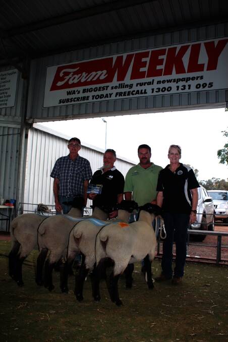 The Sasimwa Suffolk stud, York, was awarded the reserve ribbon in the Farm Weekly sponsored motor bike class of two rams and two ewes at the Williams Expo last week. Pictured is John Philipps (left), Glenn Cole, Sasimwa stud, Mathew Mitsopoulos and Kay Cole, Sasimwa stud.