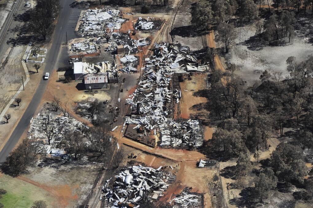 An aerial photograph showing the devastation in the town of Yarloop earlier this year. Photo by Richard Polden.