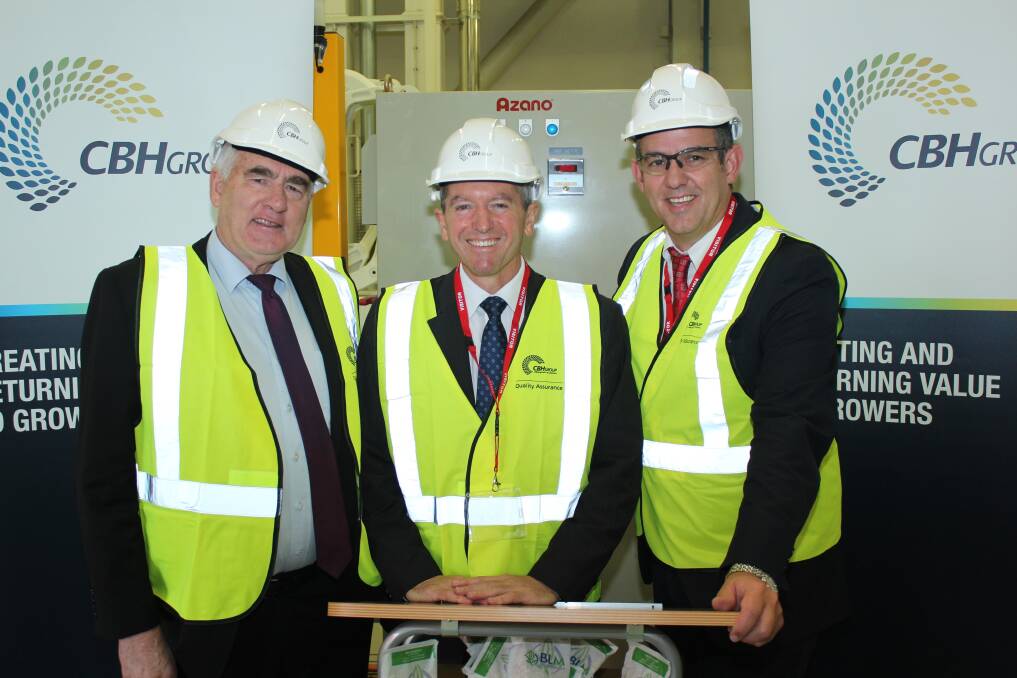 CBH chairman Wally Newman (left), with Regional Development Minister Terry Redman and Blue Lake Milling chief executive officer Ben Abbot. CBH is investing in a new oat processing facility at its Metro Grain Centre in Perth.