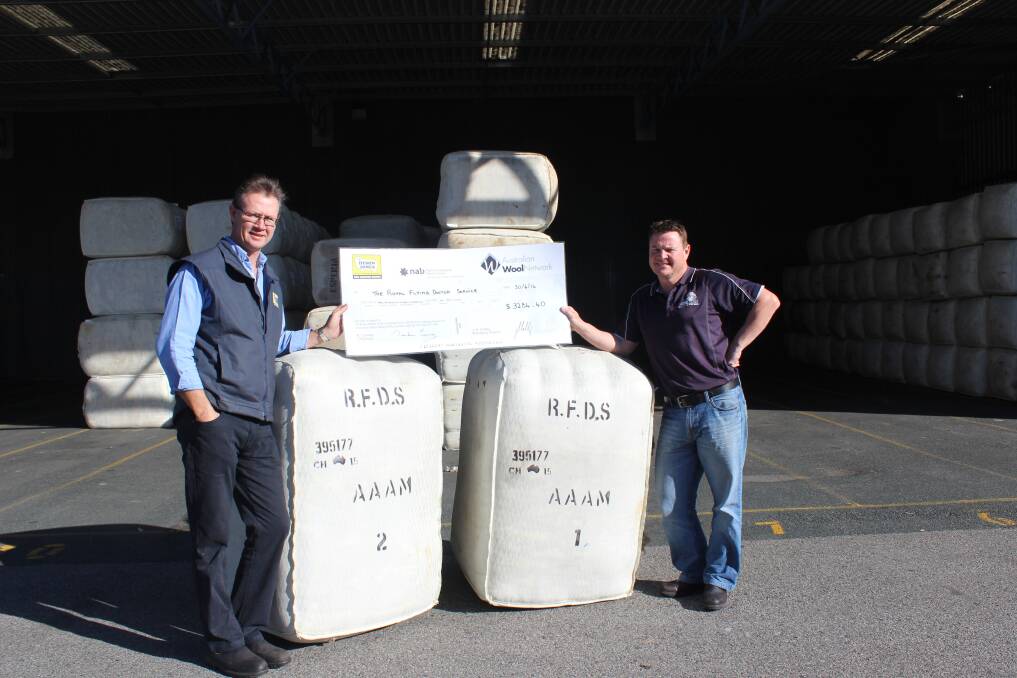 Dyson Jones Wool state manager Peter Howie (left) and Techwool Trading buyer Russell Fraser with two bales of donated wool which raised $3284.40 for the Royal Flying Doctor Service.