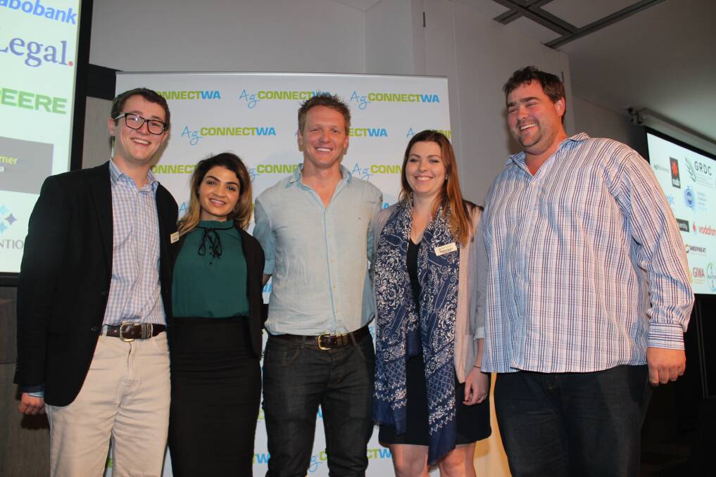 New AgConnectWA president Wes Lefroy (centre), vice president Maddison McNeil (right) and secretary Mari Takla (left) with committee members Lachlan Hunter and Henry Gratte.