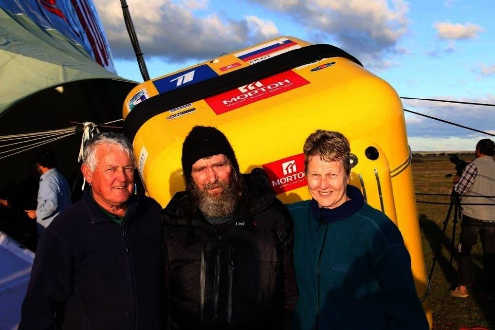 John and Jackie Hobbs with Russian adventurer Fedor Konyukhov (centre) after he landed his balloon in Bonnie Rock on Saturday, 30km west of their farm.