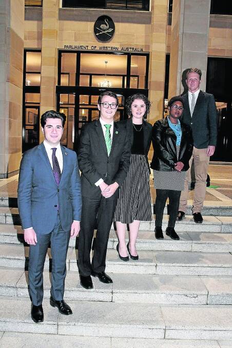 WA Young Liberal president Aiden DePiazzi, The Young Nationals WA president Lachlan Hunter, WA Young Labor president Rebecca Doyle, WA Young Greens spokesperson Rai Ismail and AgConnectWA president Wes Lefroy on the steps of WA Parliament House following AgConnectWA&#39;s mock parliament event.