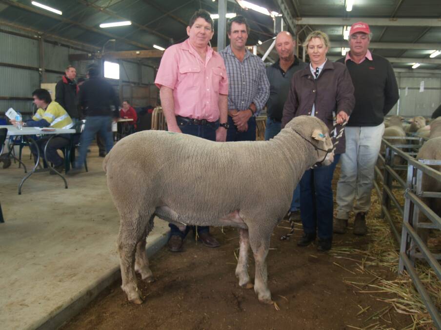 With the ram which topped last week's Tiarri Prime SAMM on-property ram sale at Lake Grace at $2800 were Elders stud stock representative Michael O'Neill (left), buyers Darren and Dick Cobley, Geraldton, Tiarri co-studmaster Kelly-Anne Gooch and local Elders Lake Grace agent Graeme Taylor.
