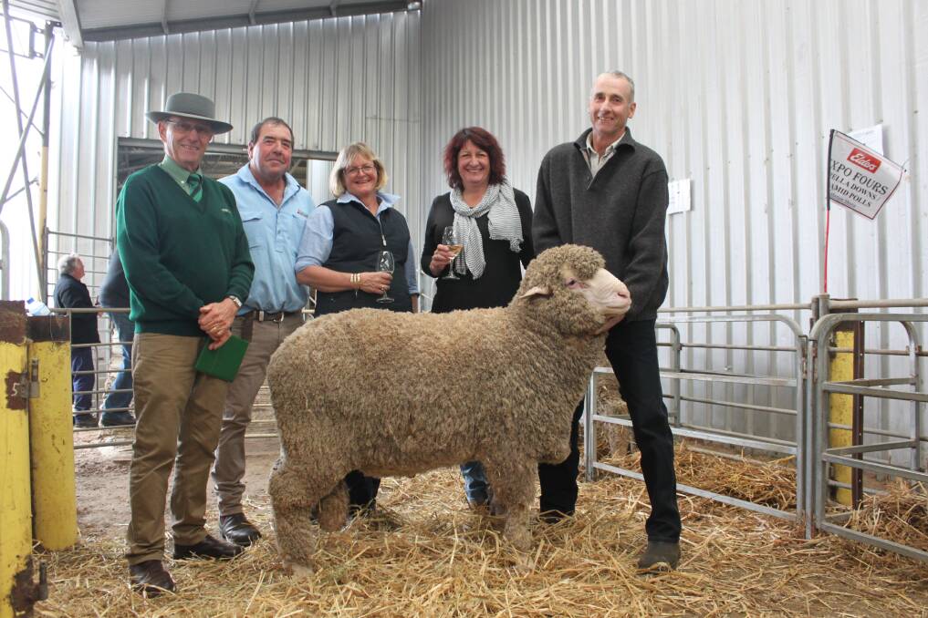 Celebrating the $6500 purchase of the top price ram of the day were Landmark Esperance agent and auctioneer Neil Brindley (left), Derella Downs and Pyramid Poll stud principals Scott and Sue Pickering, Cascade and the top priced Poll Merino ram's new owners Joanne and Roger Nankivell, Condingup.