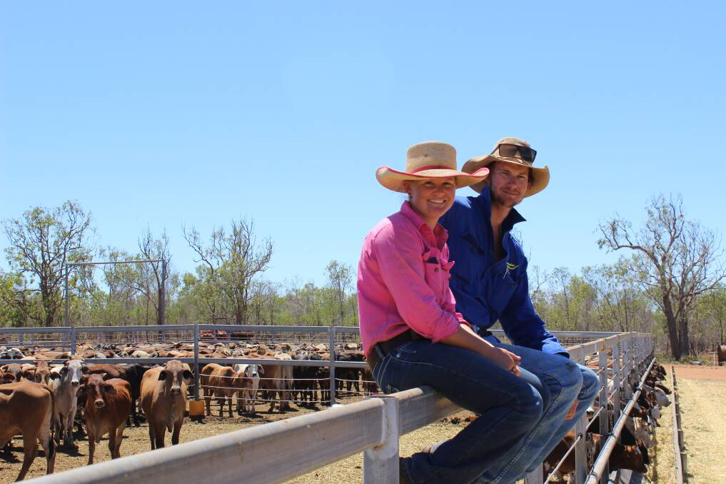 Feedlot managers Caitlin U'Ren and Ben Mills at the Kilto station feedlot.