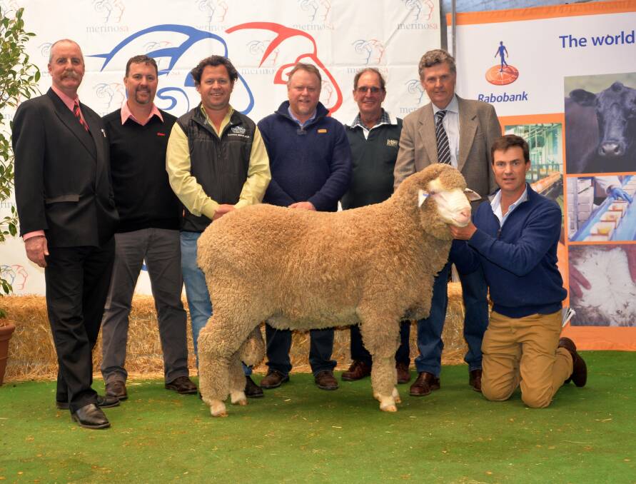 Tom Penna (left), Elders WA stud stock representative Nathan King, who negotiated the sale, buyers Steven Bolt, Claypans, Wayne Button, Manunda and Philip Bolt, Claypans, Old Ashrose classer and consultant Chris Bowman and Old Ashrose co-principal Nick Wadlow, Hallett, South Australia.