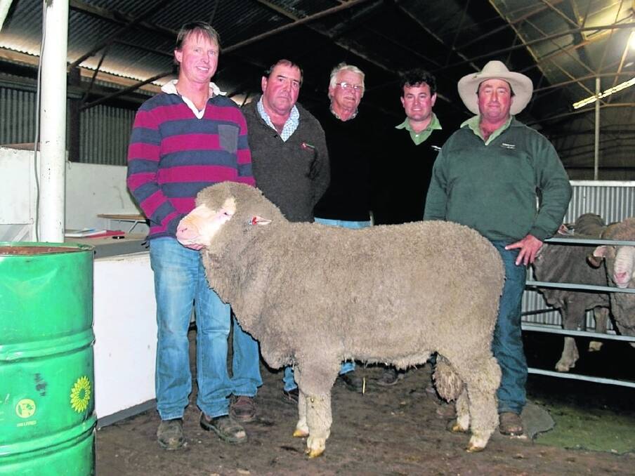 The East Mundalla stud, Tarin Rock, sold this Poll Merino sire privately last week for $30,000 to the Pickeing family&#39;s Derella Downs Merino and Pyramid Poll Merino studs, Cascade. With the ram are co-principal Daniel Gooding (left), new owner Scott Pickering, East Mundalla co-principal Philip Gooding, Landmark Breeding representative Mitchell Crosby and Landmark Esperance agent Peter Gale.