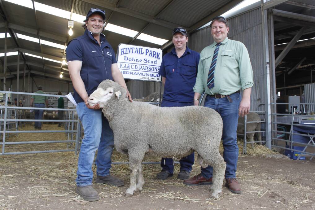 With the $6800 top-priced at the Kintail Park on-property rams sale were Kintail Park stud co-principal Rhys Parsons (left), buyer Justin Edwards, RM & TF Edwards, Ravensthorpe and Landmark Breeding representative Roy Addis, Katanning.