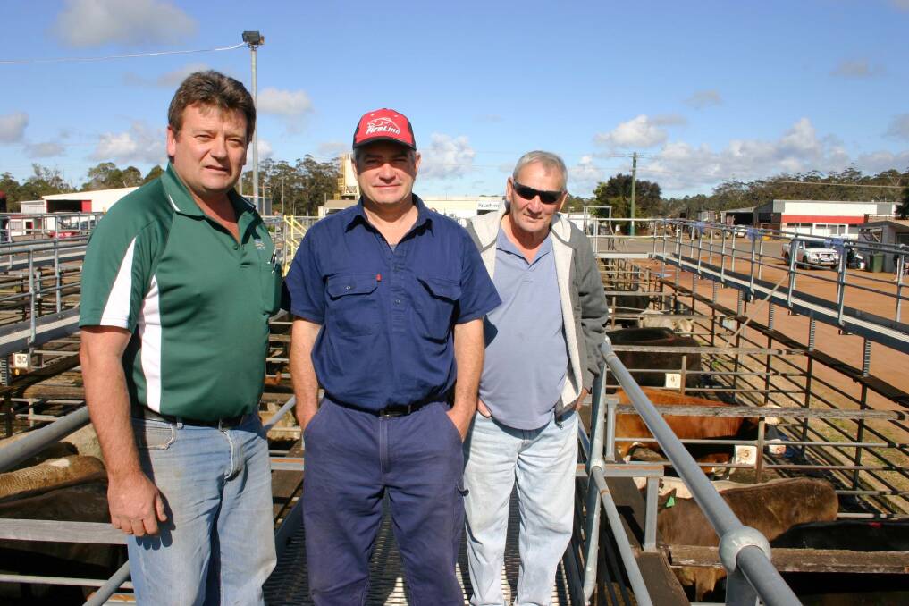 Landmark Manjimup's Brett Chatley (left), and father of injured Beau Chatley, with vendor John Phillips and his farm assistant Ian Wilson, Manjimup, before the combined agents cattle sale at Manjimup last week. John joined other local cattlemen in donating the proceeds of an animal to the Beau Chatley Recovery Fund at the sale which raised more than $27,000 in total for the fund.