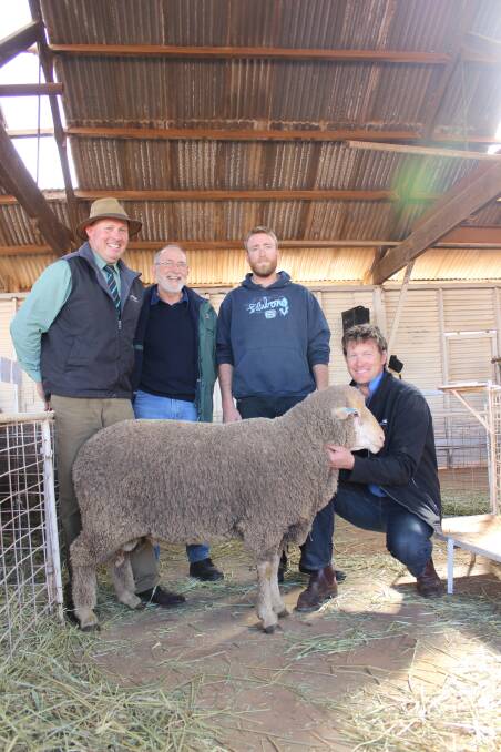 Stud principal Kristen Lefroy (left), Don McKinley, DT & M McKinley, Moora, and his son Matthew with Cranmore Park stud principal Kristen Lefroy, with the top-priced ram at the sale, fetching  $2400.
