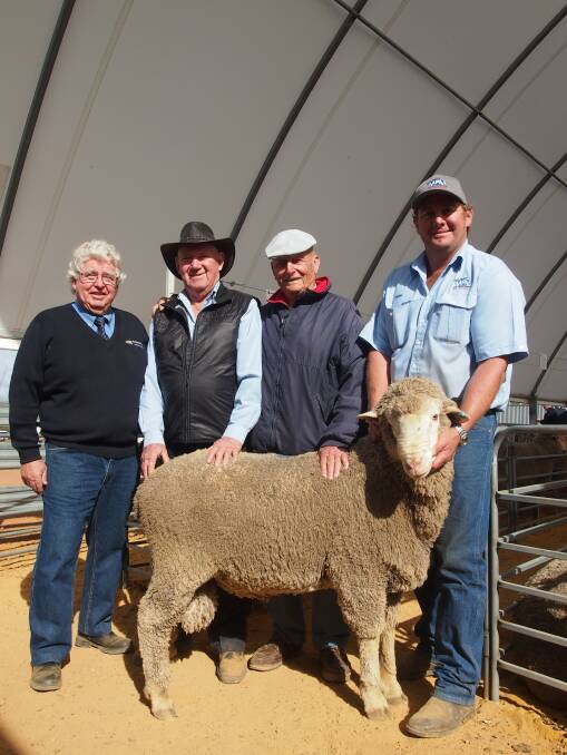 With the $4200 top-priced ram at the Hill Padua Multi Purpose Merino on-property ram sale on Monday at Three Springs are Primaries Geraldton wool representative Peter Onions (left), Hill Padua stud principal Anthony Thomas, buyer Nils Blumann, P & N Blumann, Gibson and Adam Thomas, Hill Padua.