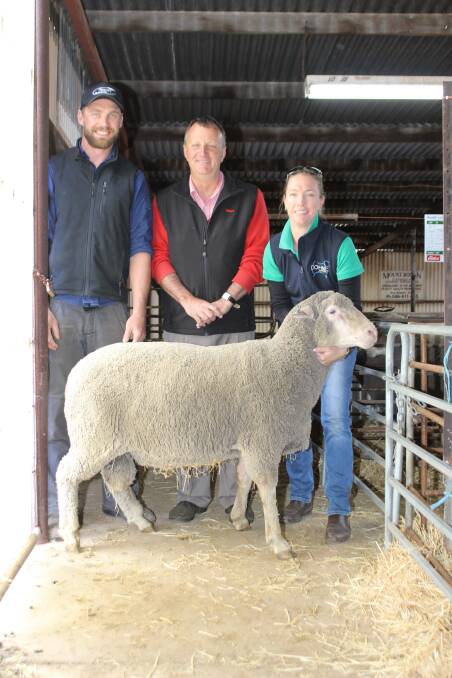 With the $2100 top-priced ram at last week's Chirniminup Dohne ram sale at Northam are buyer Cameron White, HT & RE Seaby & Son, Mukinbudin, Elders auctioneer Roger Fris and Chirniminup principal Rachel Browne.