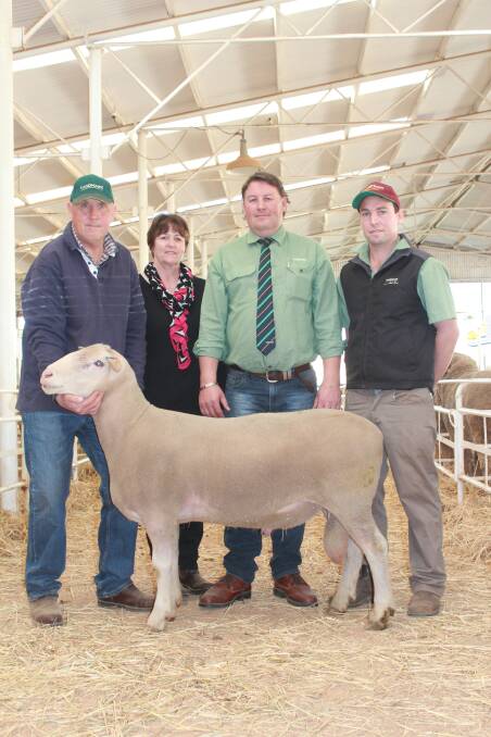 Kantara White Suffolk stud principals Keith Ladyman (left), and Jillian Clarke, Dumbleyung, with the $3000 top-priced ram of the Wagin Breeders rams sale last week. They are with Landmark stud stock specialist Roy Addis (who purchased the ram on behalf of Les Sutherland, Sutherland Grazing Co, Perenjori) and Landmark Dumbleyung agent Scott Jeffries.