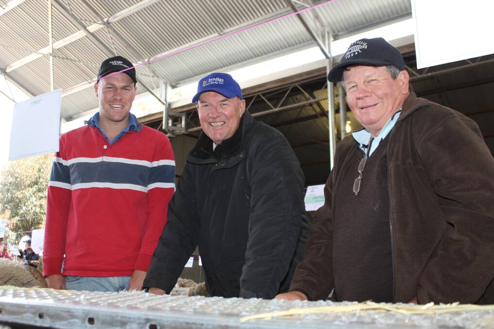 Bendigo producers Matt (left) and Malcolm Hall and Noel Comer, were in the west recently attending ram sales, including the recent Eastville Park-Quailerup West on-property ram sale at Wickepin. Both families have had ewes based on Eastville Park bloodlines before and they have been pleased with their performance.
