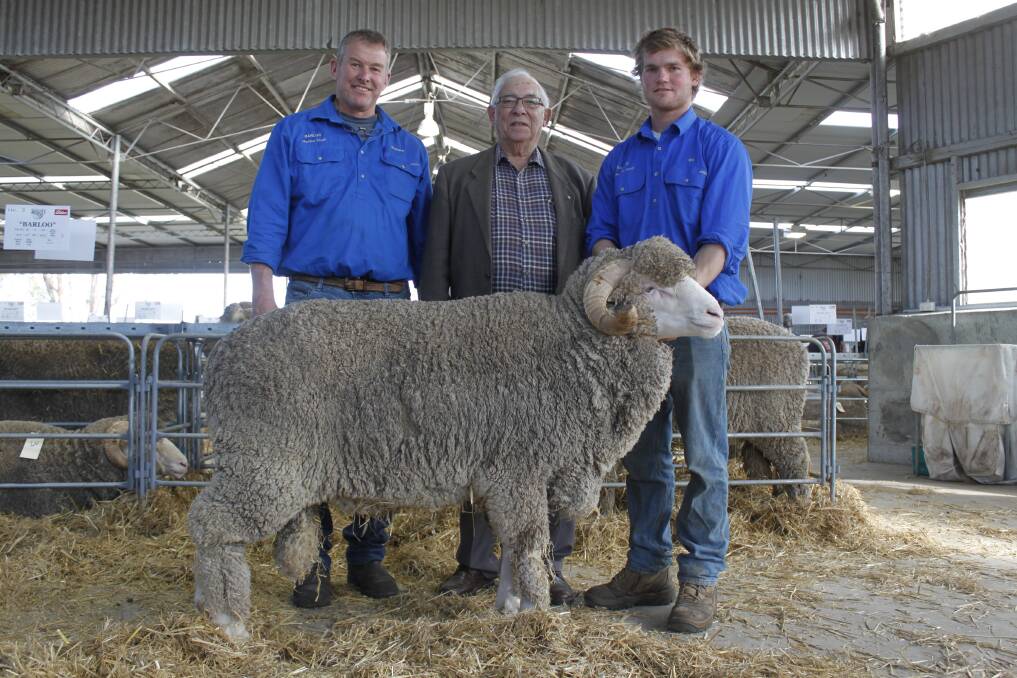 Barloo stud principal Richard House (left), bidder Glen Keamy, Wembley Downs and Barloo stud connection Will Limbert holding the $9500 top-priced ram which sold to Argentina at the Barloo stud's annual on-property ram sale at Gnowangerup last week.