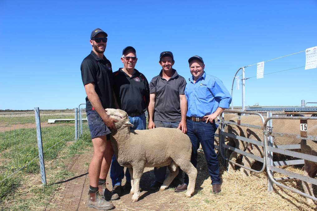 Steele (left) and Stan Hathway, Overpark Prime SAMM stud, Kalannie, regular buyer and neighbour Rowan McCreedy and Primaries auctioneer Jay Macdonald with the $1300 top-priced ram at the final Overpark on-property ram sale last week.