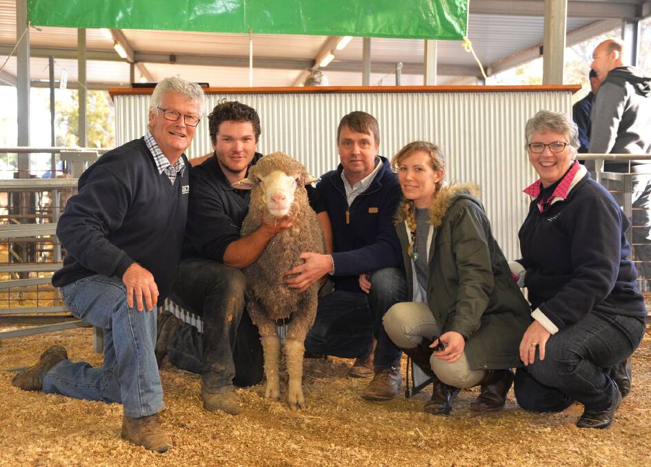 With the $7000 second top price at the Leahcim Poll Merino ram sale were Andrew and Alistair Michael, Leahcim, Snowtown, South Australia, buyers Paul and Jen Goering, Lukin Springs, Boyup Brook and Rosemary Michael.