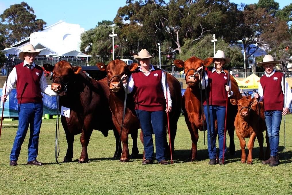 With the winning breeders group exhibited by the Bandeeka Red Angus stud were handlers Cameron Petricevich (left), Emily Trainor, Rebecca Trinca and Fletcher Wetherall.