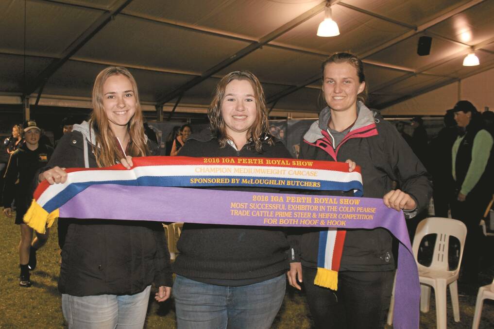 Collecting Murdoch University's champion mediumweight carcase ribbon and the ribbon for the most successful exhibitor on the hoof and hook were Murdoch University students Keely McGregor (left), Tessa Williams and Monika Magalengo.
