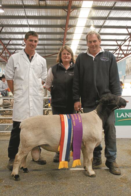 The supreme Dorper exhibit was awarded to the champion ram from the Ida Vale stud, Kojonup. With the raw were judge Denam Carter (left), Ridgetop stud, Mt Barker and Ida Vale stud principals Tamesha Gardner and Andrew Greenup.