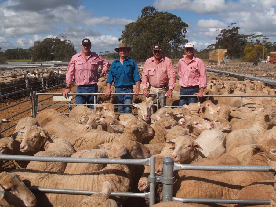 The top-priced line of the day sold at $171 at Wickepin and comprised of 205 September shorn, Nepowie blood, 1.5yo ewes offered by Bruce, Dawn and Matt Jensen, Pingaring. With the ewes are Elders Narrogin agent Paul Keppel (left) representing the undisclosed buyer, vendor Bruce Jensen with his Elders agent Graeme Taylor and Elders Wickepin representative Jeff Brown.