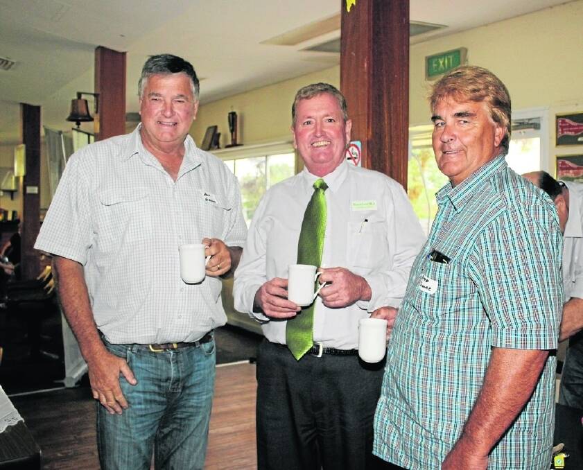 Moore MLA Shane Love (centre), with farmers, former PGA president Rob Gillam (left), Dongara and Keith Camac, Carnamah, at a WAFarmers forum at Carnamah last year on agriculture and gas exploration and mining co-existing. Mr Love has ensured The Nationals WA State conference this month will debate a farmer&#39;s right to veto oil and gas access.