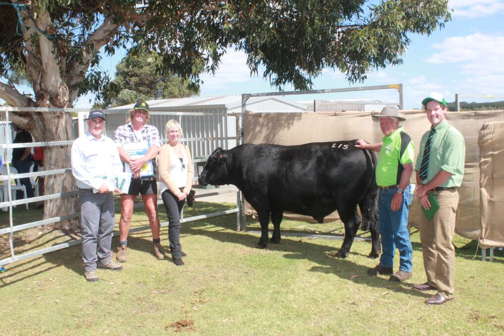 With the $12,500 top price bull of the Great Southern Blue Ribbon Bull Sale were Virbac representative Tony Murdoch (left), who provided a five litre Cydectin pour-on to the top price buyer, buyers Wayne and Serena Matthews, Kangarabbi Farms, Narrikup, Ponderosa principal Greg Brown and Landmark auctioneer Michael Altus.